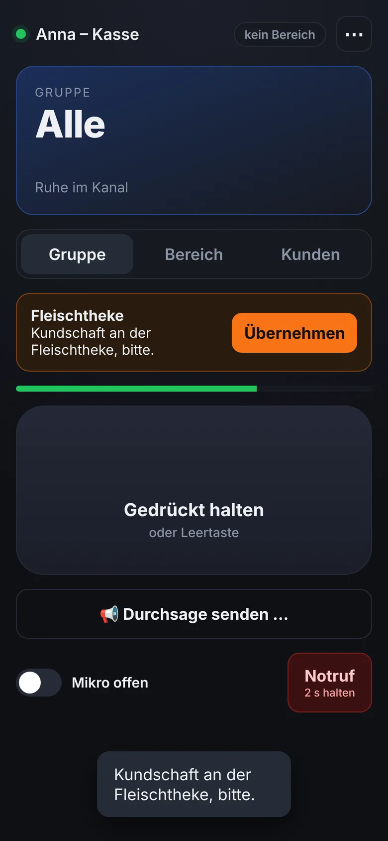 Funk-Client mit eingehendem Ruf von der Fleischtheke